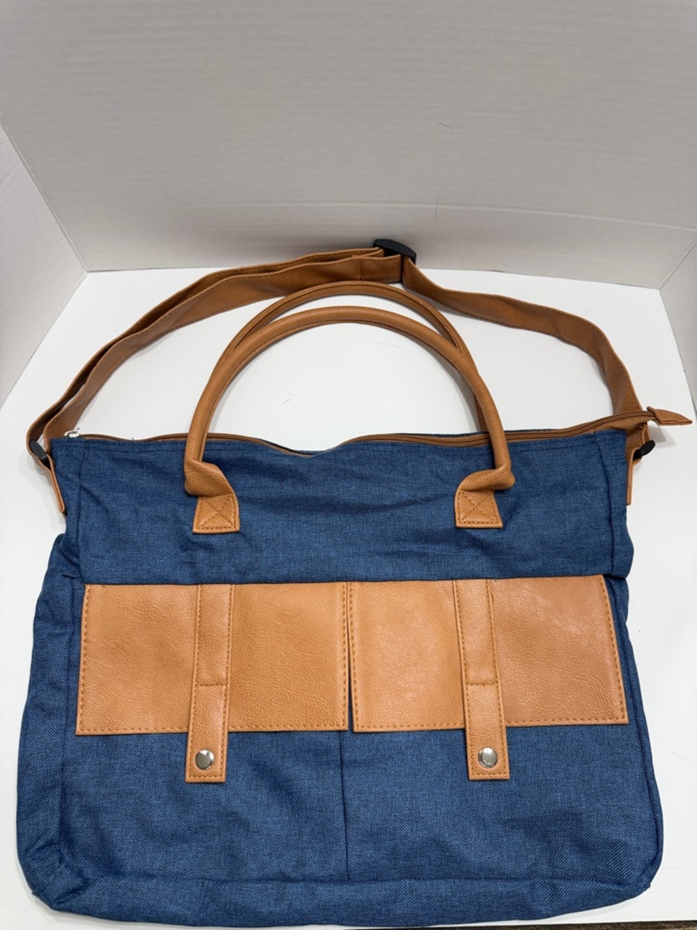 Denim Canvas Tote with Tan Faux Leather Handles